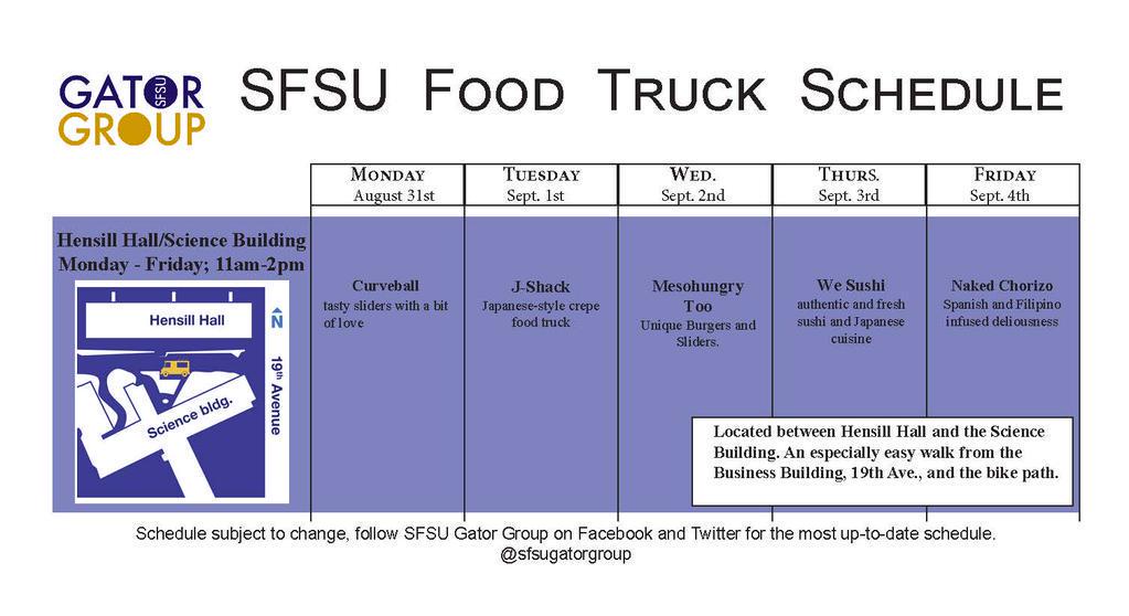 SFStateMBA's tweet image. RT @SfsuASPS Hey #GATORS: Did you know we have food trucks on #SFSU campus? Here is this week's schedule for them: