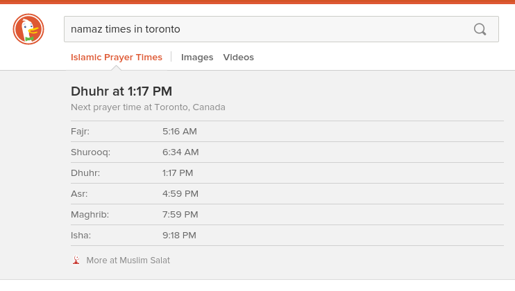 DuckDuckGo's tweet photo. Contributor @ozdemirbur made this #InstantAnswer with Islamic prayer times for your timezone:
https://t.co/USp3tiRPB4 http://t.co/vVy7S5fgnn