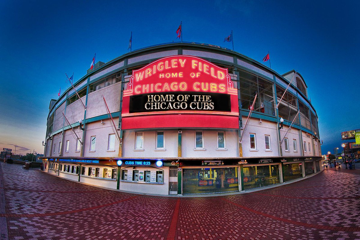 stadiumpix's tweet image. Beautiful photo of the marquee outside Wrigley Field, Chicago, IL. #Cubs (photo via @mpasant)