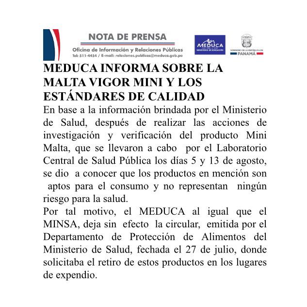 <a href="/meducapanama/">Min. de Educación</a> emite comunicado sobre mini malta de <a href="/CerveceriaNac/">Cervecería Nacional</a> no hay problema con el producto.