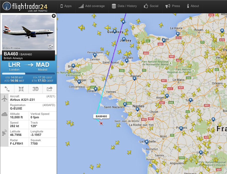 airlivenet's tweet photo. BREAKING EMERGENCY British Airways #BA460 is now finally diverting to France. Live: http://t.co/bY7cnTsZTZ http://t.co/o2UaIxOAVH