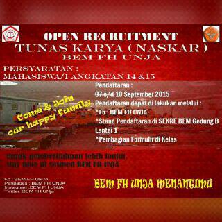 Open Recruitmen Tunas Karya ( Naskar ) BEM FH UNJA angkatan 2014 - 2015 ayooo buruuaan daftar #KaderisasiBemMasaSepan