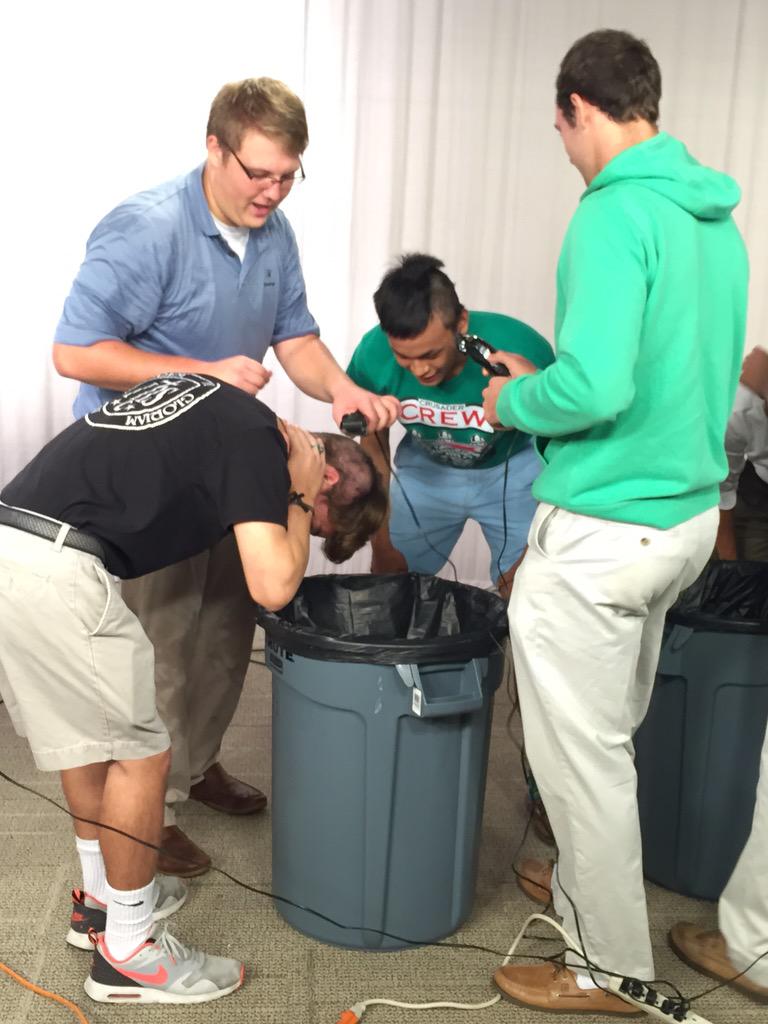 sj_stuco's tweet photo. We started off this year's head shavings with the Pres and VP getting shaved live on SJET along with 4 teachers! http://t.co/uMsNfYnfVr