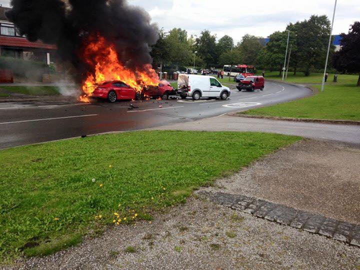 Porsche engulfed by fireball after four vehicle crash. <a href="/WestMidsFire/">West Midlands Fire Service</a> on scene birminghammail.co.uk/news/midlands-…
