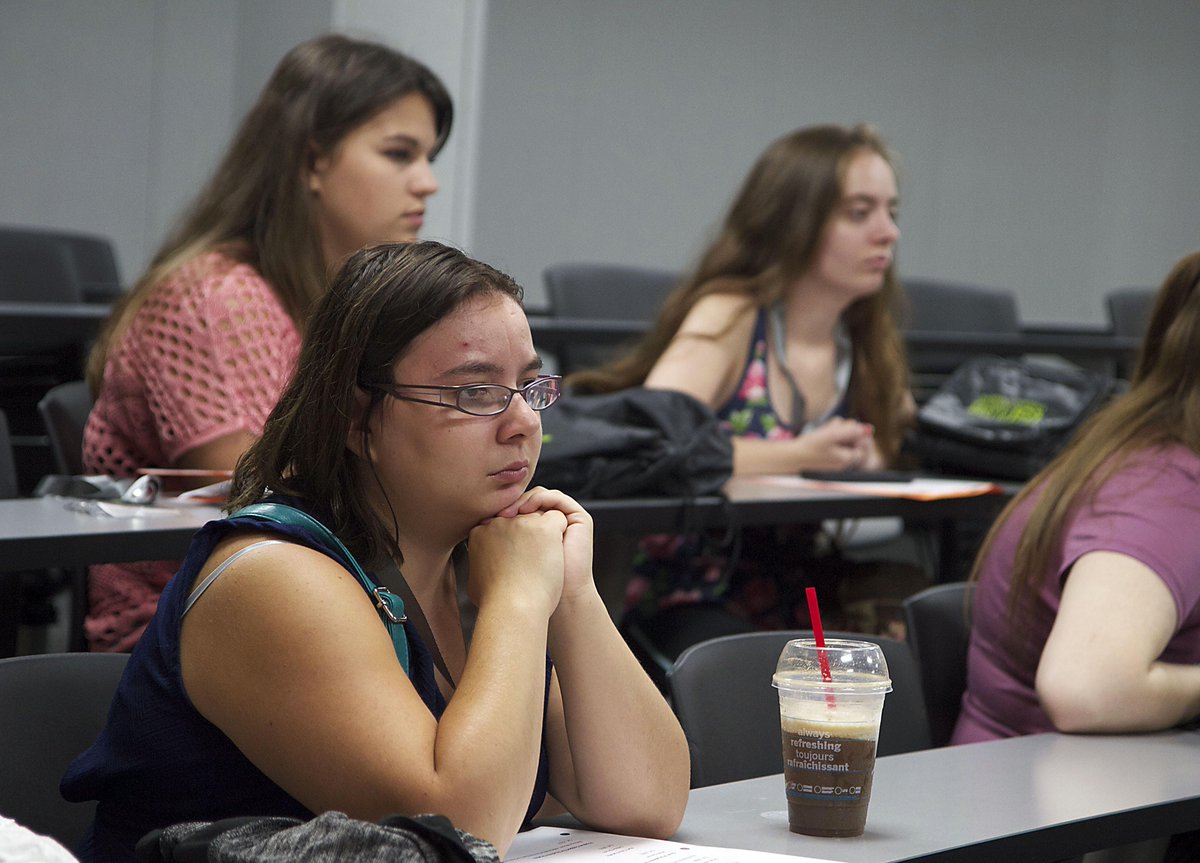 StClairCollege's tweet image. Engaged first-year students at the Early Childhood Education Academic Session at the Thames Campus Orientation.