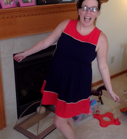decillis's tweet image. Me in a @stitchfix dress, surrounded by cat toys. #thisis34