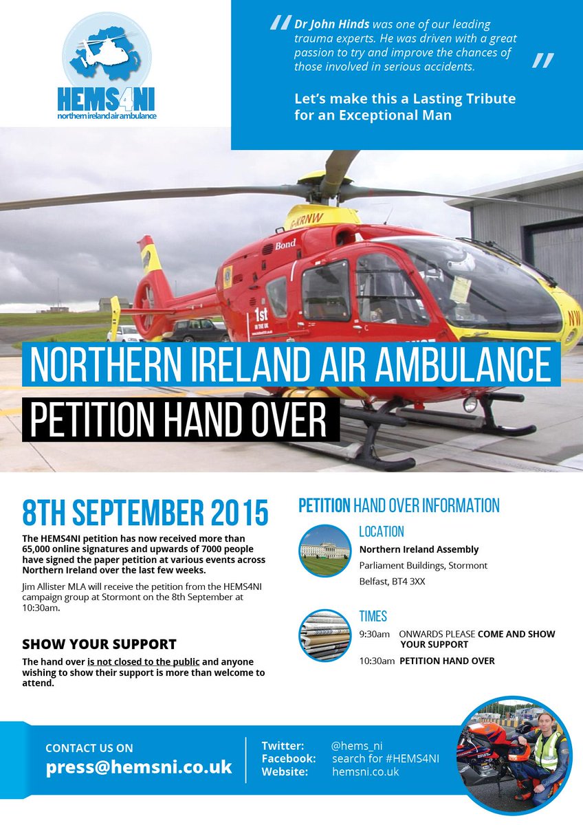 PLEASE SHARE - September 8th 10:00am, Stormont, Petition Hand Over for #HEMS4NI in memory of @DocJohnHinds
