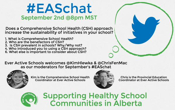 ChrisFenMac's tweet image. Looking forward to chatting w/ #HealthySchoolAB champions in @EverActiveAB's first #EASchat. Join us 8pm MST today!