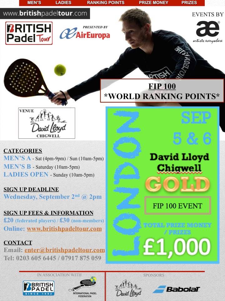 Just 1 days remaining to sign up for next @britishpadel at David Lloyd Chigwell on 5 &amp; 6 September #PCL #PadelclubLDN