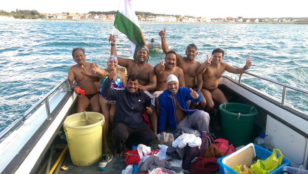 Swimlife Seagulls relay team from India on their way back to Dover after landing at Wissant in 14hrs 7min