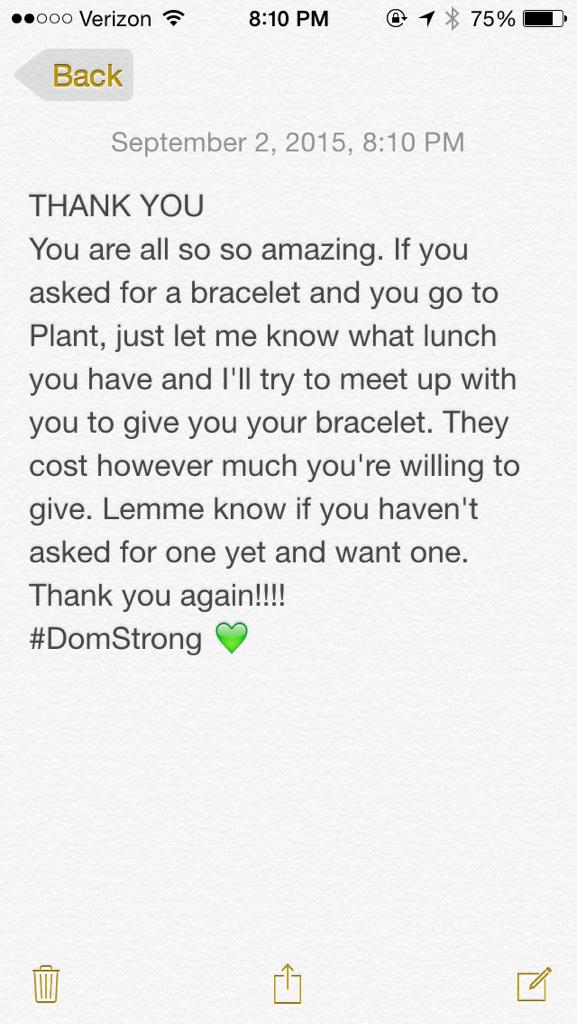 j_traste's tweet image. Im overwhelmed by the love / support. Im ordering more bracelets because 40 amazing people already want 1! #DomStrong