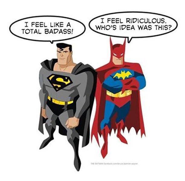 GAWeekly's tweet photo. Color swapped Superheroes! Thoughts? ๐ #poorBatman #Superman #Batman #BatmanvSuperman #BatmanVSSuperman http://t.co/K2LGhACWwD
