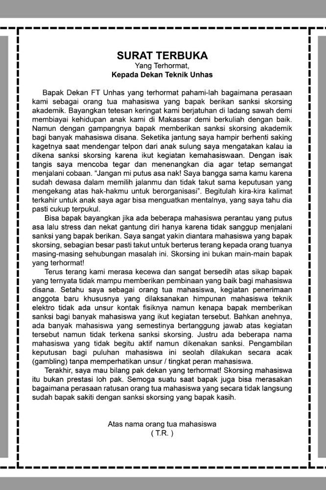 "Surat Terbuka Untuk Dekan Teknik Unhas" 
<a href="/identitasonline/">identitas unhas</a> <a href="/anak_unhas/">ANAK_UNHAS</a> <a href="/SupirPete2/">Supet</a> <a href="/tribuntimur/">Tribun Timur</a> <a href="/okezonenews/">Okezone</a>
