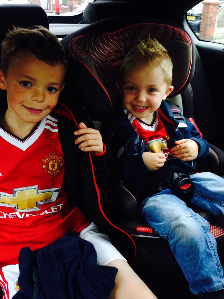 My boys first visit to #theaterofdreams on route and ready to support @ManUtd