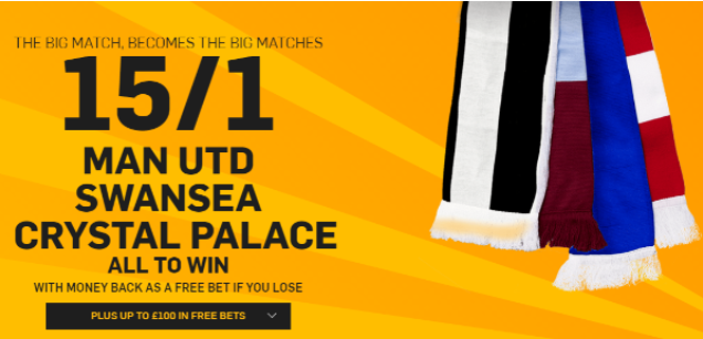 Jambo-Bet.com (@jambobet) on Twitter photo Enhanced treble!
15/1 <a href="/ManUtd/">Manchester United</a>, <a href="/SwansOfficial/">Swansea City AFC</a> & <a href="/CPFC/">Crystal Palace F.C.</a> all to win
New Betfair cust offer
bit.ly/JB_3Acc Enhanced treble!
15/1 <a href="/ManUtd/">Manchester United</a>, <a href="/SwansOfficial/">Swansea City AFC</a> & <a href="/CPFC/">Crystal Palace F.C.</a> all to win
New Betfair cust offer
bit.ly/JB_3Acc