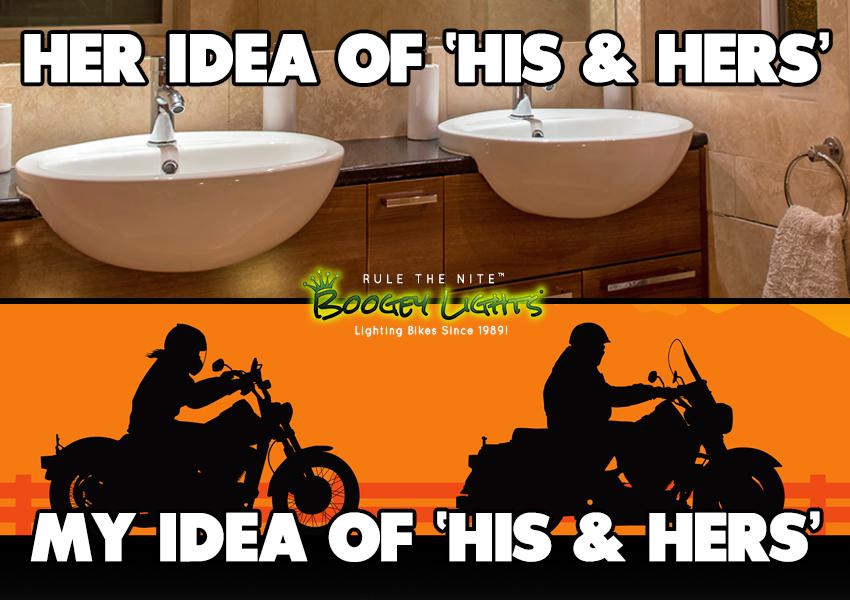 BoogeyLights's tweet photo. His & Hers... #BikerLife #Motorcycle #MotorcycleHumor #Perspective #BoogeyLights http://t.co/V5AKDQCukV