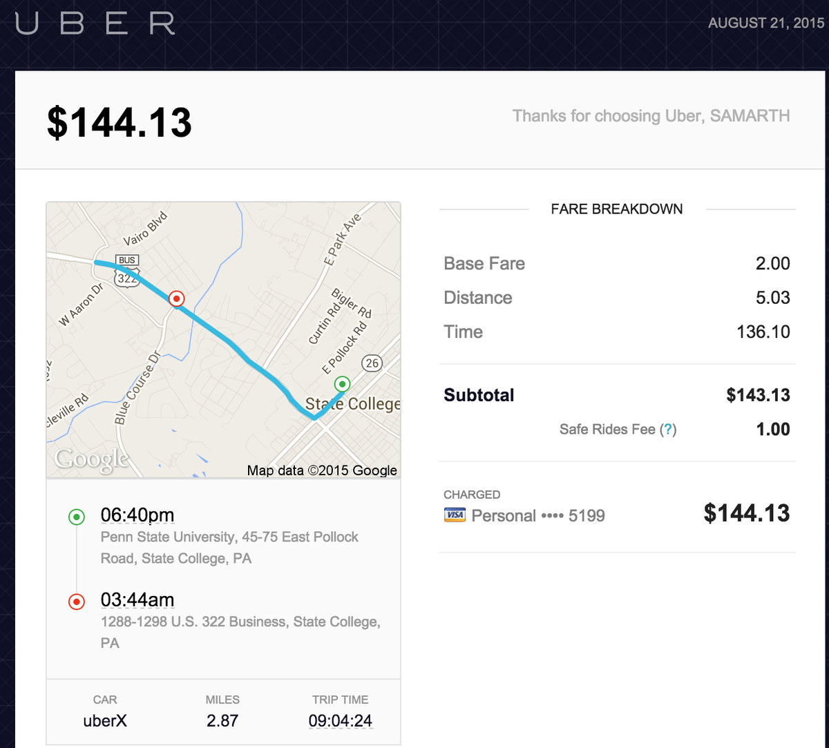 samarthrvittal's tweet photo. @Uber I was charged $144.13 for 10min ride (see pic)- driver left meter running for 8 hrs aftr! Where do I complain? http://t.co/P4p2JeU8Vw