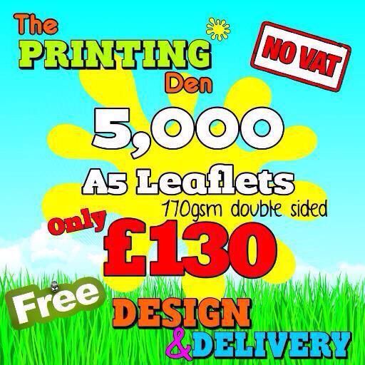 ThePrintingDen's tweet image. 5000 A5 double sided leaflets just £130 with free design and free delivery no vat theprintingden.co.uk