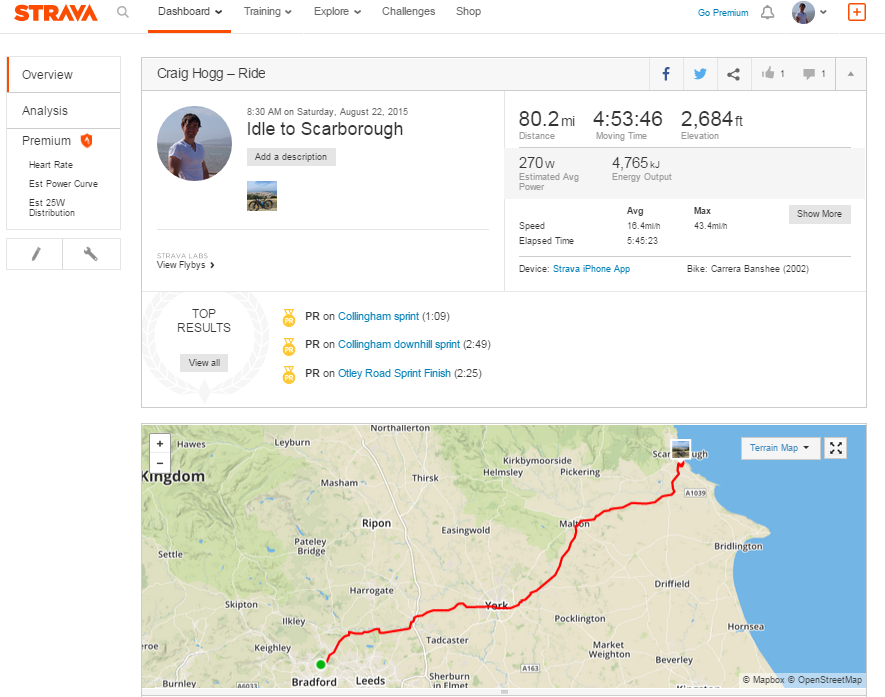 CraigHogg2's tweet photo. A mini 80.2mile #TourDeYorkshire #Cycle from #idle to #Scarborough http://t.co/ixPmPFTlR8