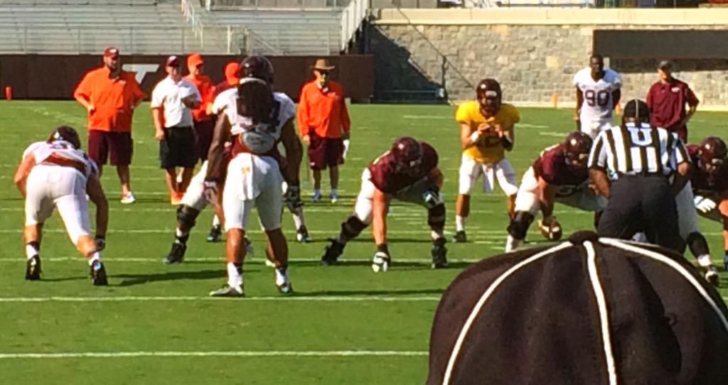 HokiesFB's tweet image. View from the back judge angle. No. 1 defense forces a FG try vs. No. 1 offense. 

#VTCampLife 💼