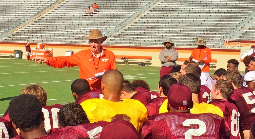 HokiesFB's tweet image. The head #Hokie breaks it down after our scrimmage. 

#VTCampLife 🏈
#ThisIsHome 💼