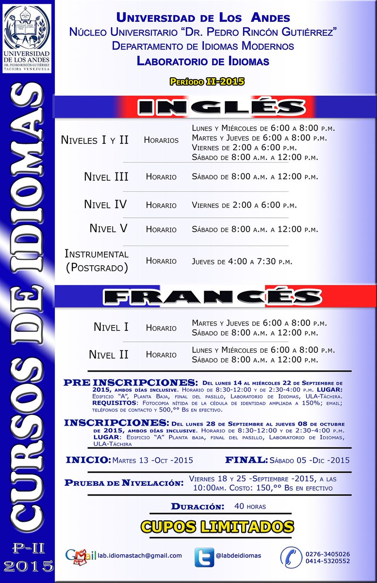 Oferta de los nuevos cursos de Idiomas en la ULA Táchira para este nuevo período septiembre - diciembre 2015