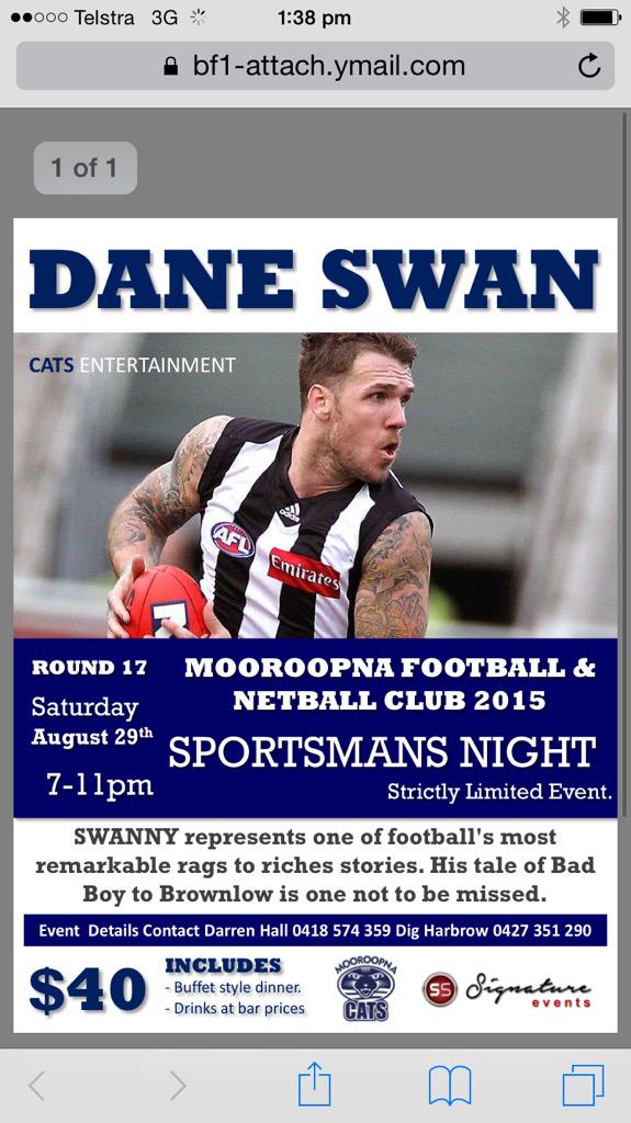Small amount of tickets still available for our Dane Swan sportsman night this weekend after United game