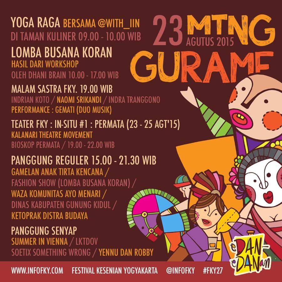 Pagi All!! Jangan lupa dateng ke panggung reguler FKY hari ini ya, ada kami disana. :)  <a href="/infosenijogja/">Akun Terkunci</a>