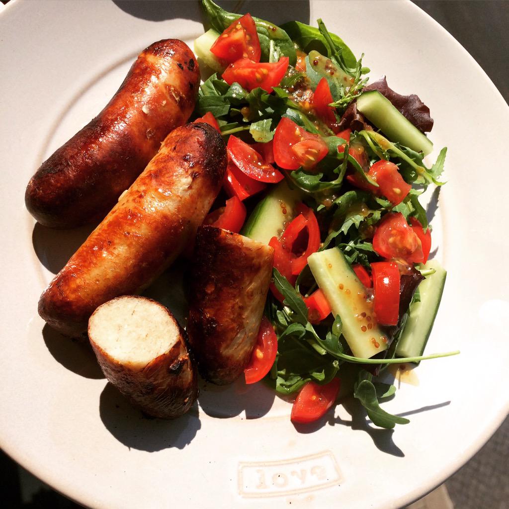 Quick lunch on the balcony today

<a href="/MuscleFoodUK/">MuscleFood</a> Chicken sausages with a side salad and a honey and mustard dressing.