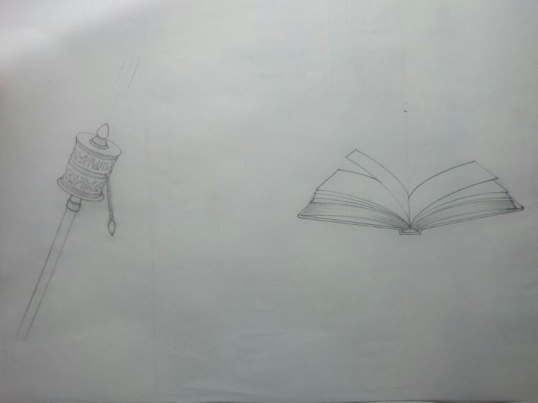 それでは水彩メイキングスタートです!
まず、ラフ～下絵はこんな感じ。
①ラフ絵 
②下絵 
③小物下絵(トレペ) 
④試し塗り
#水彩メイキング 