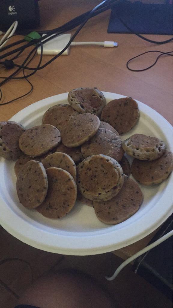 Strobe's tweet photo. Look at these fucking sick chocolate chip mini pancakes I just made http://t.co/huF1zswaAX