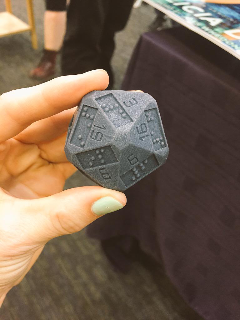 feliciaday's tweet photo. Coolest thing from an event yet: 3D printed 20 sided dice with Braille for the blind. #inspiring #neverweird http://t.co/3Y4HocmYVI