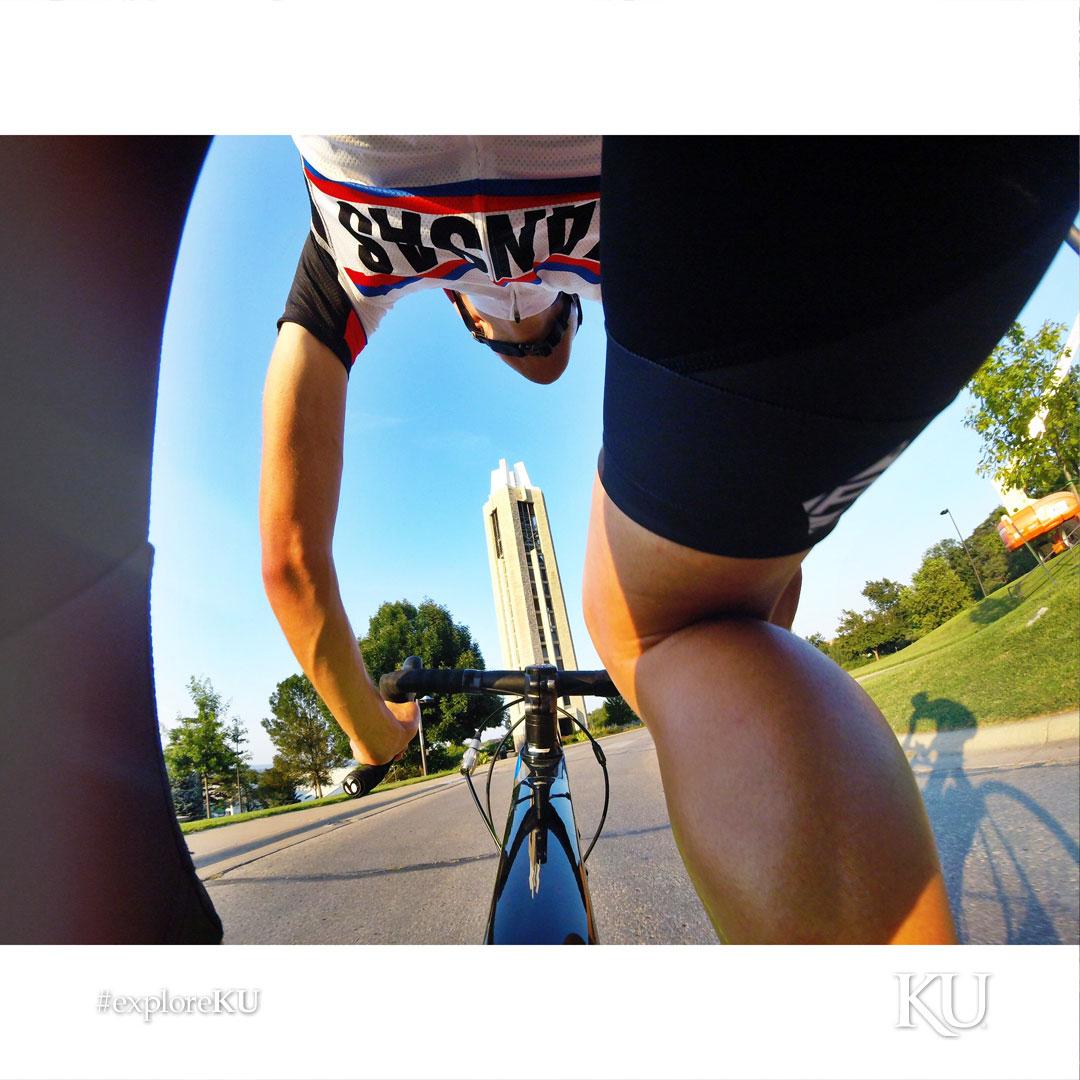 Members of <a href="/KUCycling/">KU Cycling</a> like <a href="/EvenBarns/">Evan Barnes</a> prefer to #exploreKU on two wheels. bit.ly/1EJgoXZ