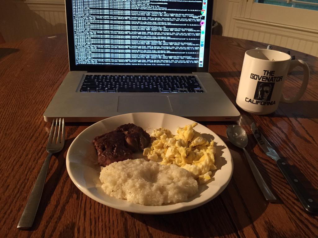 thenumber3's tweet image. #LazySunday #steakandeggs #andcode #andgrits #andcoffee #andrain #dadtime