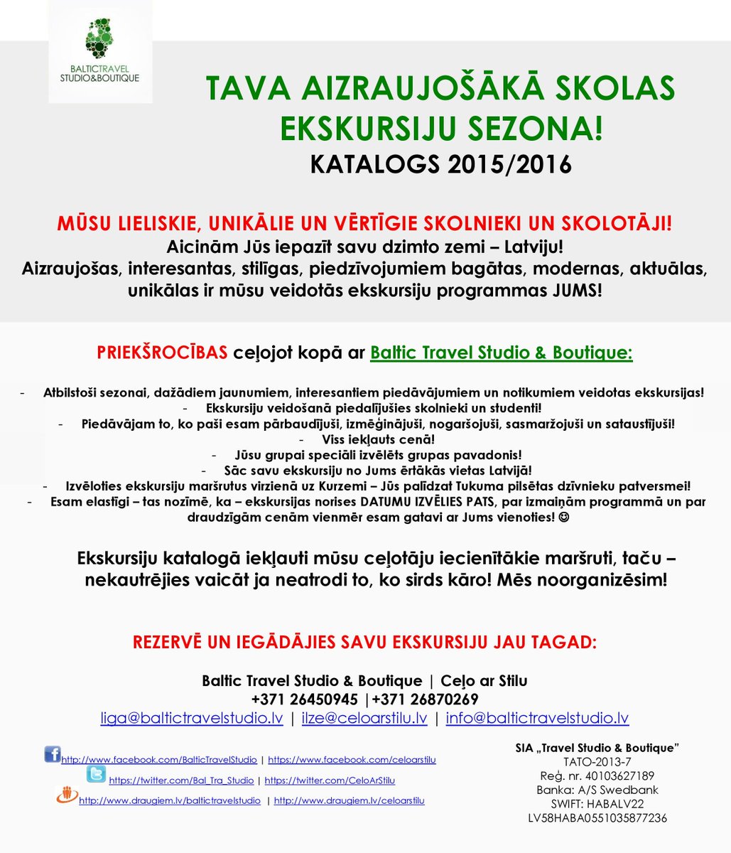Tava aizraujošākā skolas ekskursiju sezona ir klāt! Jaunais e-katalogs Jūsu rīcībā! :) baltictravelstudio.lv/data/files/EKS…