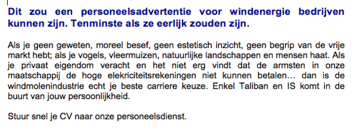 Voorbeeld van "waarachtige personeelsadvertentie" voor #windmolen boeren #klimaatzaak