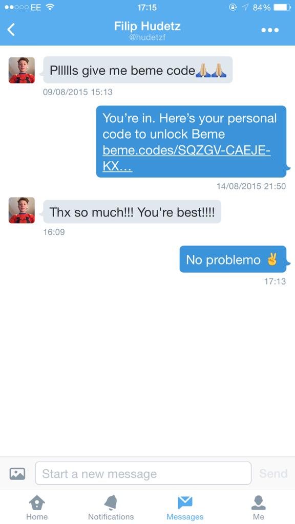 code_beme's tweet photo. Just got @hudetzf in 💯 #bemeunlockcode #bemeunlock #bemeapp #beme http://t.co/4odCdd1B2U