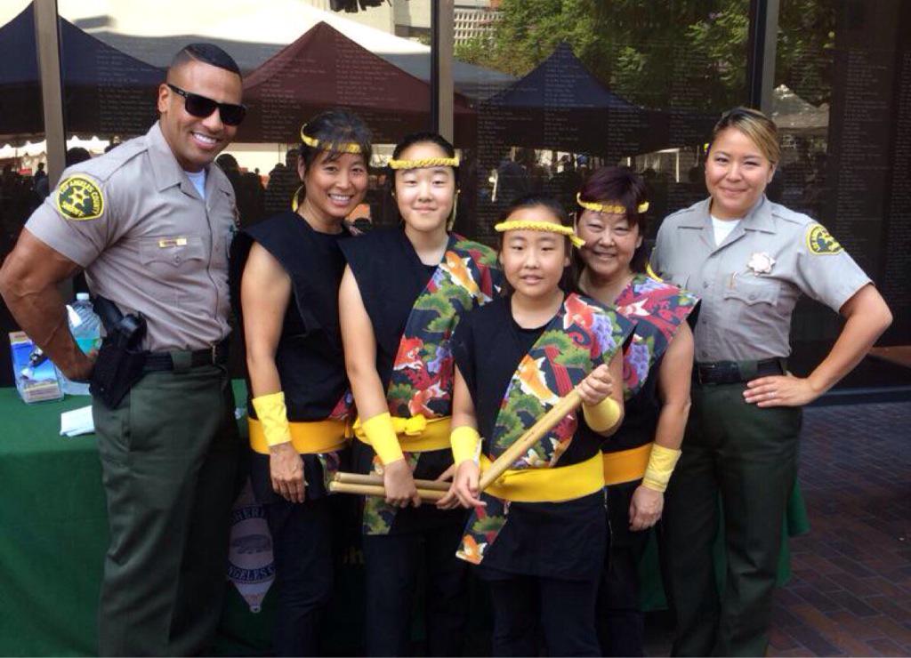 LASDHQ's tweet image. Koshin Taiko waiting to perform at Nisei Week Festival. LA Sheriff recruitment enjoying #niseiweek #JoinLASD