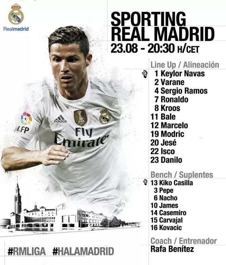 Starting XI Real Madrid (vs Sporting Gijon). Kick off 01:30 WIB. #RMLiga #HalaMadrid