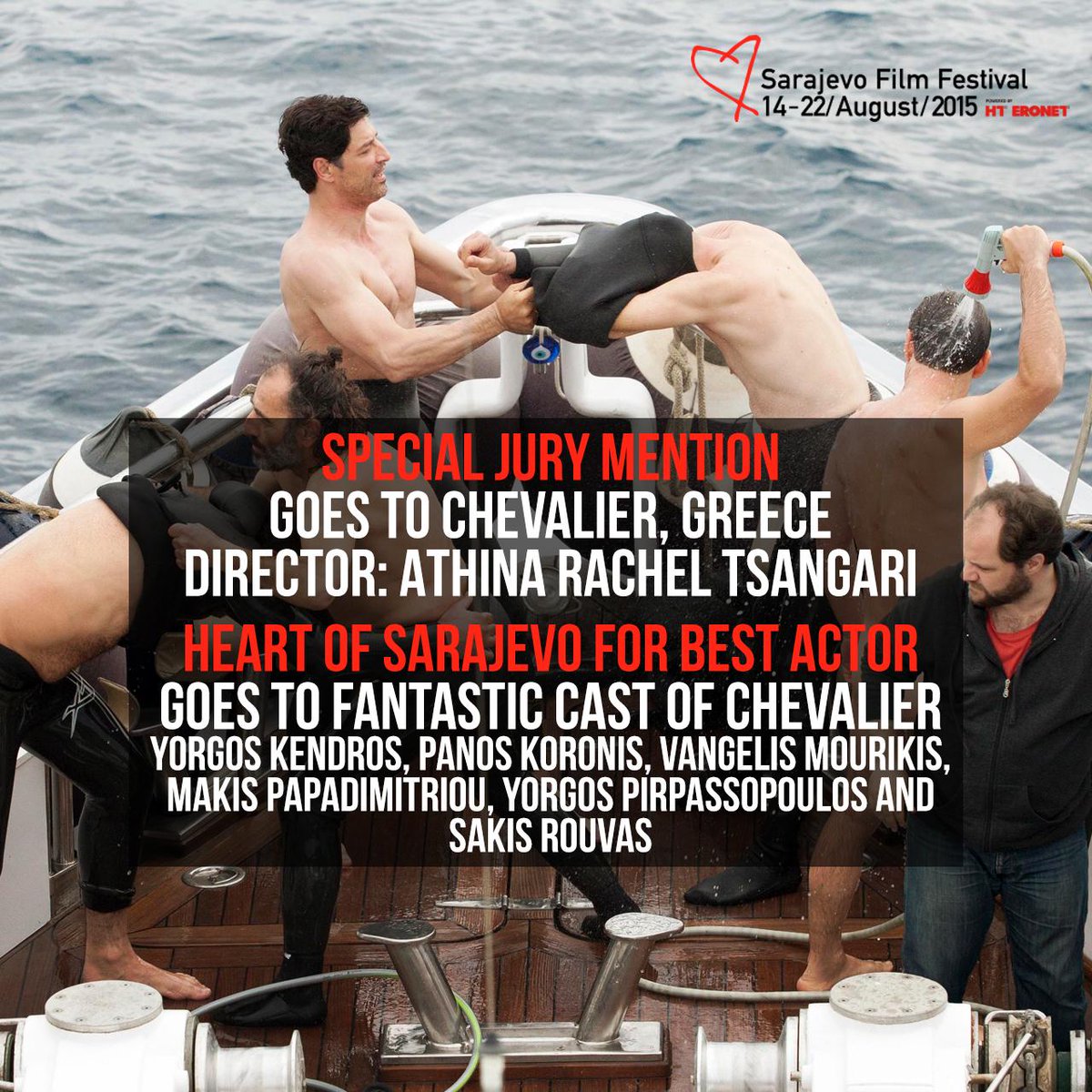sakisrouvas's tweet photo. I am so happy and proud for the two awards our #Chevalier received at the 21st #SarajevoFilmFestival!
#21stsff http://t.co/v8bUllL7iN