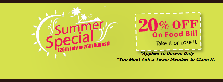 GSpiceworld's tweet photo. Only 2 days to go now ..
20% off on dine-in food bill.

#summer #deal #ends #soon http://t.co/LD7JZnm8ck