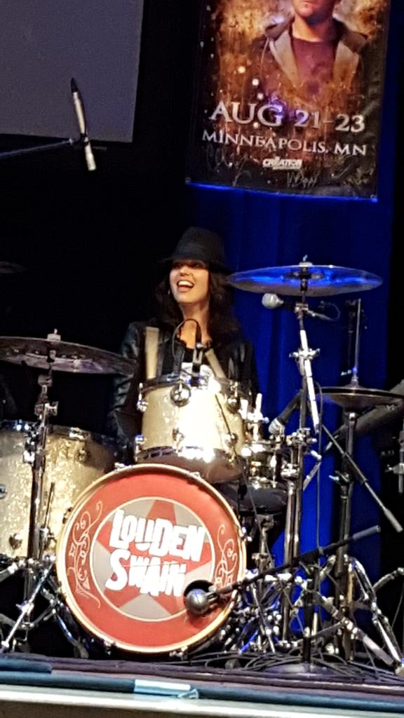 FangasmSPN's tweet photo. It's @AlainaHuffman on drums!  #minncon http://t.co/ai2XN6v64d