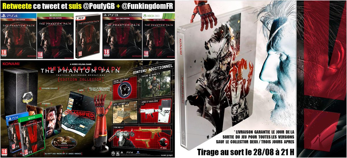Concours #MGSV
RT + Follow @FunkingdomFR &amp; @PoufyGB
Version au choix dont le Collector ultra rare
Livraison le 01/09*