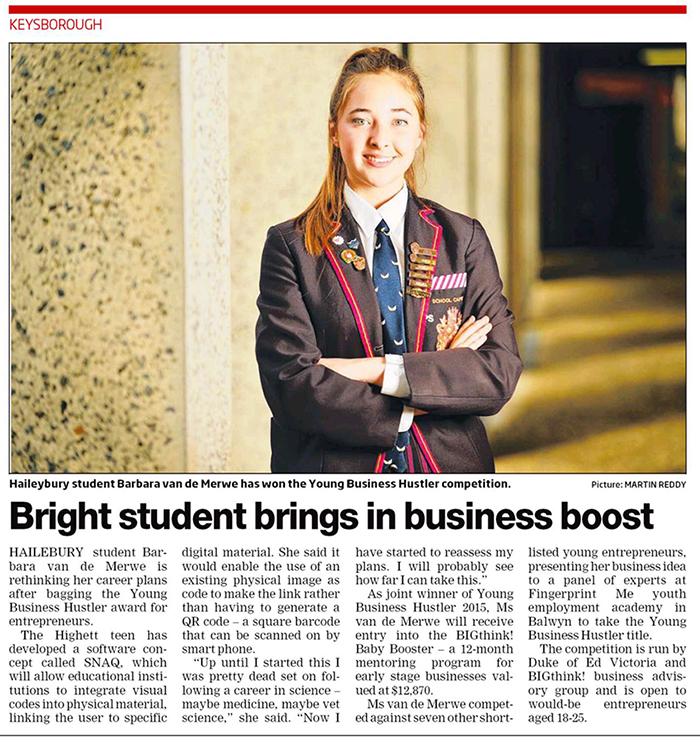DukeofEdVic's tweet photo. #YBHustler2015 in the media! Congrats again to 17yo #DukeofEd student Barbara VDM from @Haileybury @BIGthinkBiz http://t.co/xErny0AdDn