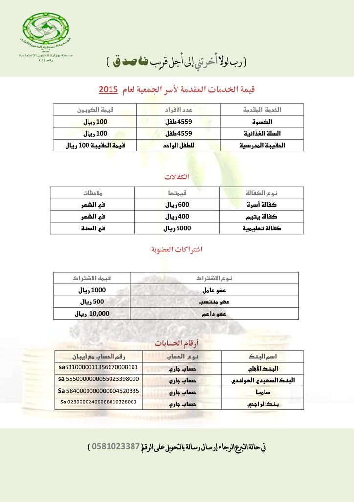 قال تعالى " ربي لولا أخرتني الى أجل قريب فأصدق "
قيمة الخدمات المقدمة لأسر الجمعية لعام 2015 
#الجمعية_الأولى