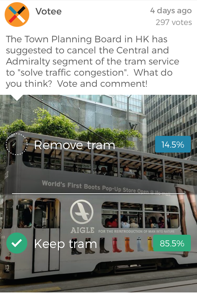 HelloVotee's tweet photo. The people of #HongKong have spoken! #SaveTheTrams #Startup http://t.co/j26zNFZBpK