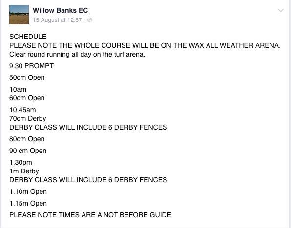 Sun 30/08.Join us at Willow Banks EC UA Derby classes.Schedule below.Please visit our Facebook page for more info