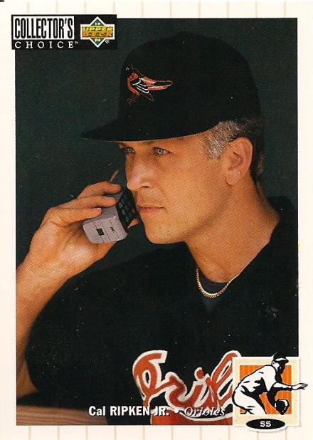 Happy 55th birthday to Cal Ripken Jr!

Check out his old cell phone on his 1994 Collector\s Choice card: 