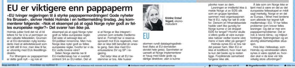kristinevegard's tweet photo. Siden @SVHeikki, i pappapermekstase, ikke vil innrømme at Norge nyter godt av EU har jeg herved debutert i avisa(VG): http://t.co/Nu2Al3zCnH