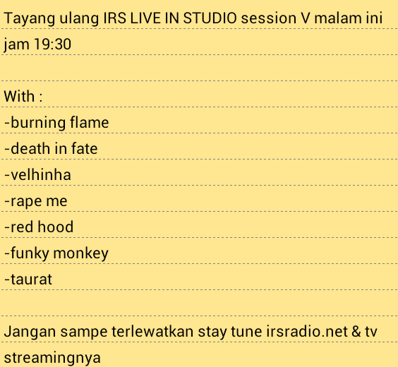 Re-streaming #IRSLIVEINSTUDIO jkt session 5, <a href="/BurningFlame04/">Burning Flame</a> malam ini jam 19:30 stay tune irsradio.net  yuk